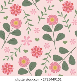 Seamless garden flower pattern with stylized blossoms, leafy branches and soft pastel pink background for nursery and textile design