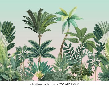 Seamless Garden Illustration for Wallmural, Seamless Wall Mural, Tropical Tree, Watercolor Background.