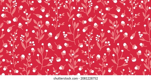 Seamless garden pattern in dark red, dusty pink and white. All over botanical repeat.