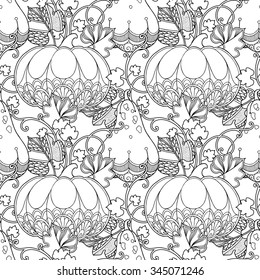 Seamless garden pattern in doodle style. Floral, ornate, decorative, tribal vector design elements. Black and white monochrome background. Pumpkins and leaves. Zentangle hand drawn coloring book page