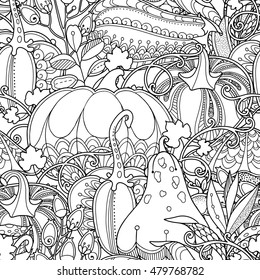 Seamless garden pattern in doodle style. Floral, ornate, decorative, tribal vector design elements. Black and white monochrome background. Pumpkins, berries and leaves. Zentangle coloring book page