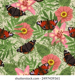 Seamless garden pattern with flower heads green, green grass, leaves, butterflies with spread wings. Floral botanical background. Realistic style.