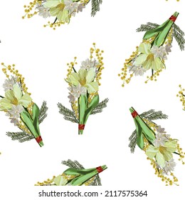 Seamless garden spring floral pattern,  watercolor style flower, tulip, mimosa bouquet. Illustration design for fashion textile, texture, fabric, wallpaper, cover.