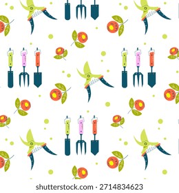 Seamless garden tools pattern with pruners, shovel, fork and simple flowers on white background. Colorful spring illustration for textile, fabric, wrapping paper, packaging, wallpaper and surface design