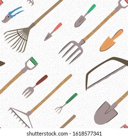 seamless garden tools pattern with textured bakcground. Spring Gardening, planting spring symbols, seedling, cute cartoon stile