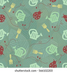 Seamless garden tools with red ladybug pattern background
