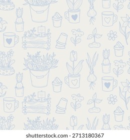 Patrón de Doodle de jardinería sin fisuras. Flores de primavera dibujadas a mano en azul pastel, ramo en cubo y Elementos rústicos sobre fondo blanco. Ilustración vectorial. No es IA