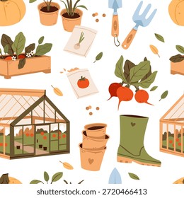 Patrón de jardinería sin fisuras con invernadero y Elementos de verduras. Plántulas, herramientas, macetas, semillas, botas y verduras frescas en un estilo cálido y orgánico.
