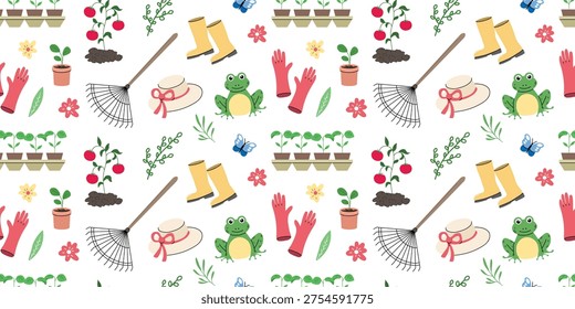 Seamless gardening pattern with rake gloves rubber boots garden hat potted plants seedlings tomato plant frog butterflies flowers and leaves