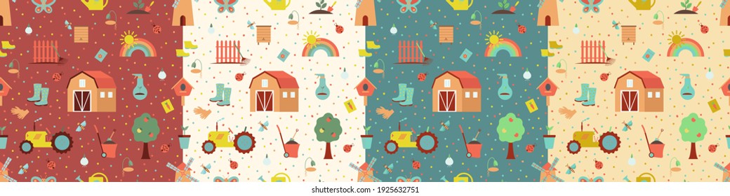 Seamless gardening pattern set with farm tools and plants. Plants and gardening tools.  Vector illustration. Use for textile, print, surface design, fashion kids wear.