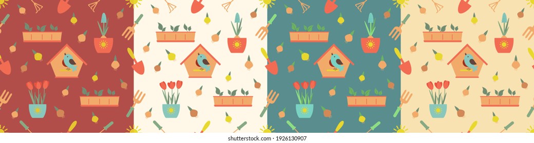 Seamless gardening pattern set with farm tools and plants. Plants and gardening tools.  Vector illustration. Use for textile, print, surface design, fashion kids wear.