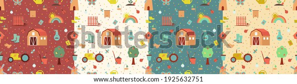 Seamless gardening\
pattern set with farm tools and plants. Plants and gardening tools.\
 Vector illustration. Use for textile, print, surface design,\
fashion kids wear.