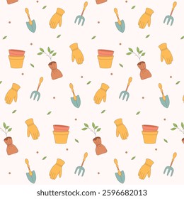 Seamless gardening pattern with tools, gloves, pots, and plants. Perfect for fabric, packaging, wrapping paper, wallpapers, and eco-friendly designs. Soft pastel colors and hand-drawn style.