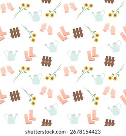 Seamless Gardening Pattern with Watering Can, Gloves, Boots, Fence, and Sunflowers Vector Illustration