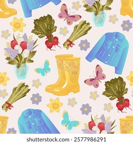 Seamless gardening template with bouquet and flowers, rubber boots and jacket, tulips and crocuses. Seamless pattern of gardening tools on light background.