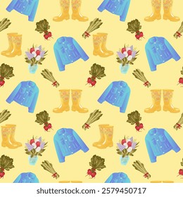 Seamless gardening template with bouquet and flowers, rubber boots and jacket, tulips and crocus. asparagus and radish. Seamless gardening tools template on yellow background.