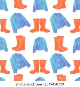 Seamless gardening template orange rubber boots and blue jacket. Seamless gardening tools template on white background.