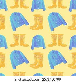 Seamless gardening template yellow rubber boots and blue jacket. Seamless gardening tools template on yellow background.