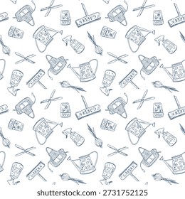 Seamless gardening tools pattern with shovels and hand rakes