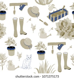 Seamless gardening tools pattern. Vector Illustration.