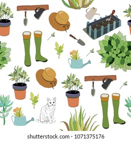 Seamless gardening tools pattern. Vector Illustration.