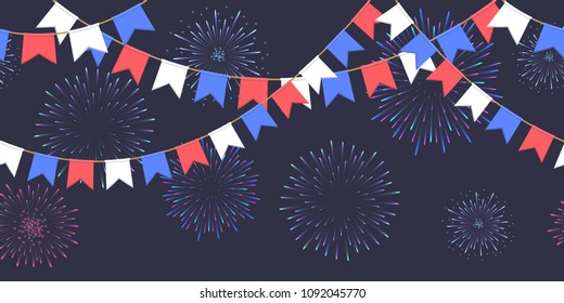 Seamless garland with celebration flags chain, white, blue, red pennons and salute on dark background, footer and banner fireworks