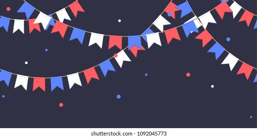 Seamless garland with celebration flags chain, white, blue, red pennons with confetti on dark background, footer and banner for decoration