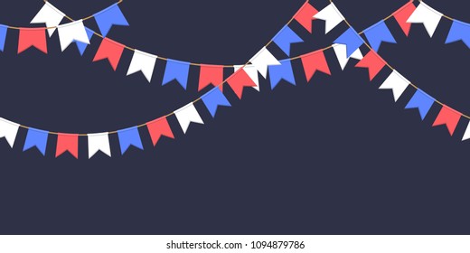 Seamless garland with celebration flags chain, white, blue, red pennons on dark background, footer and banner for decoration