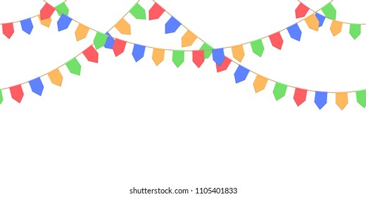 Seamless garland with celebration flags chain, yellow, blue, red, green pennons on white background, footer and banner for decoration