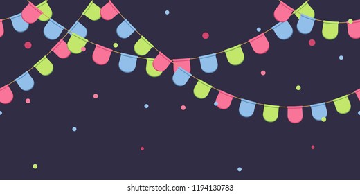 Seamless garland with celebration flags chain, pink, blue, green pennons with confetti on dark background, footer and banner for decoration