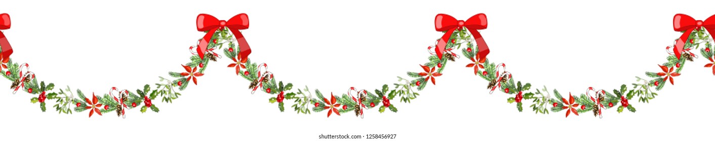 Seamless garland with cone, fir branches, Holly, poinsettia, caramel cane, mistletoe. Traditional christmas symbols. Vector hand drawing illustration. For festive design, fabrics, Wallpapers