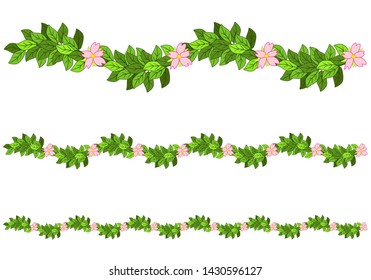 Seamless garland of leaves and flowers. Small pink flowers in green foliage - decorative border. Summer decoration - vector template