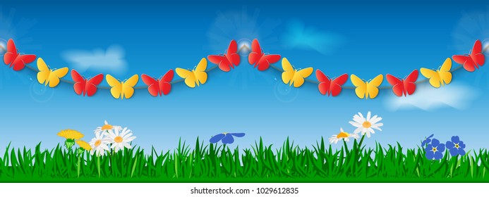Seamless garland of red and yellow paper butterflies against the background of grass, flowers and sky. Template for site header or banner. Vector illustration.