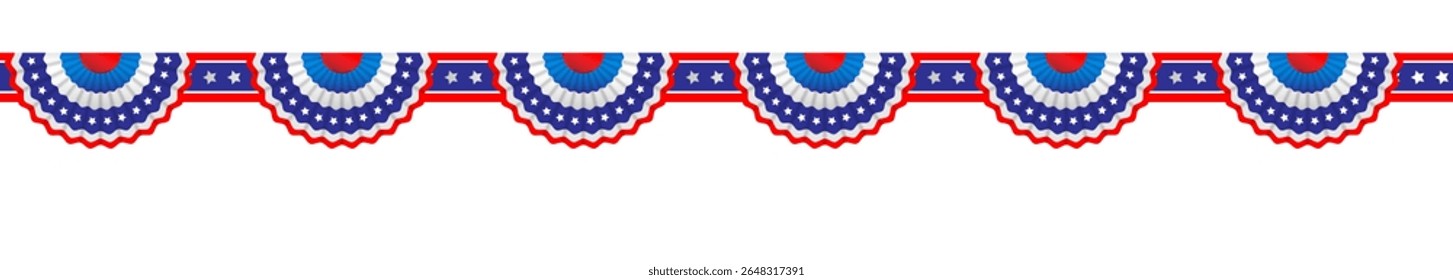 Seamless garland is a symbol decoration for USA holidays. The colors of the national flag of the United States of America. July fourth holiday stars. Independence day card. Holiday template for design