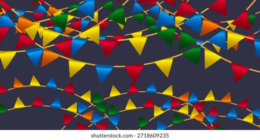 Guirnalda sin fisuras con la cadena de banderas de la celebración del triángulo, blanco, azul, pennons rojos en fondo oscuro, pie de página y Anuncio
