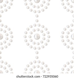 Seamless garlands pattern of beautiful 3D shiny natural White Pearl. Can be used for wedding or any holiday gift paper or textile. Precious jewelry print. Vector Illustration. 