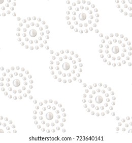 Seamless garlands pattern of beautiful 3D shiny natural White Pearl. Can be used for wedding or any holiday gift paper or textile. Precious jewelry print. Vector Illustration. 