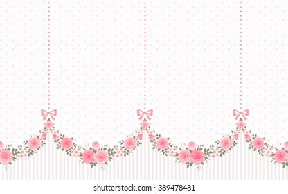 Seamless Garlands of Roses and Bows on a vintage polka dot background. Vector floral border, endless horizontally pattern. Shabby chic style.