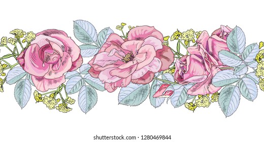 Seamless garlands of roses, leaves and flowers on white background. Suitable for printing on fabric and paper and decorating anything.