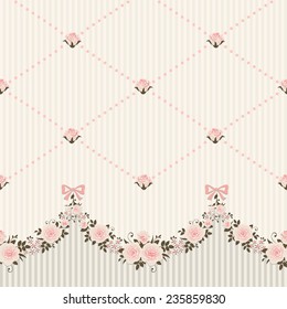 Seamless Garlands of Roses on a vintage striped background. Vector floral border, endless horizontally pattern.