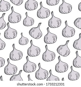 Nahtloser Knoblauchuntergrund. Doodle flach Design.