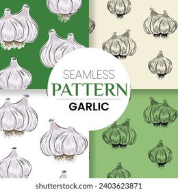 Seamless garlic pattern wallpaper set for menu, posters or spice packaging design. Isolated spice product. Vector Hand drawn retro plant symbol on organic fresh green and light backdrop.