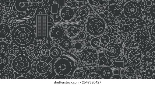 Seamless gear and cog mechanism on black background.