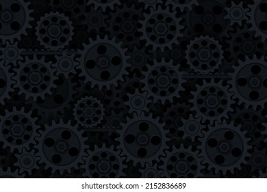 Seamless gears pattern black tech background. Industrial mechanics texture. Layered dark web page fill backdrop. Technology wrapping paper design