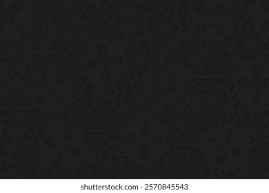 Seamless gears pattern dark gray black tech background. Industrial mechanics texture. Vector flat design drawing web page fill backdrop. Technology black wrapping paper design