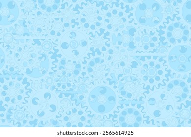 Seamless gears pattern light blue tech background. Industrial mechanics texture. Vector flat design drawing web page fill backdrop. Technology blue wrapping paper design