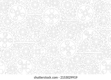 Seamless gears pattern outline white tech background. Industrial mechanics texture. Linear drawing web page fill backdrop. Technology wrapping paper design