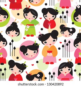 Seamless geisha girl illustration kids doll background pattern in vector