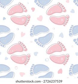 Gênero contínuo revela padrão com boho baby feet, corações e símbolos de espaço. Pegadas de bebê com marcas de estrelas de galáxia. Plano de fundo da ilustração vetorial