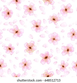 Seamless gentle background with cherry blossoms and flying petals for a decoration of wrapping paper, fabric. Romantic vectorial pattern.